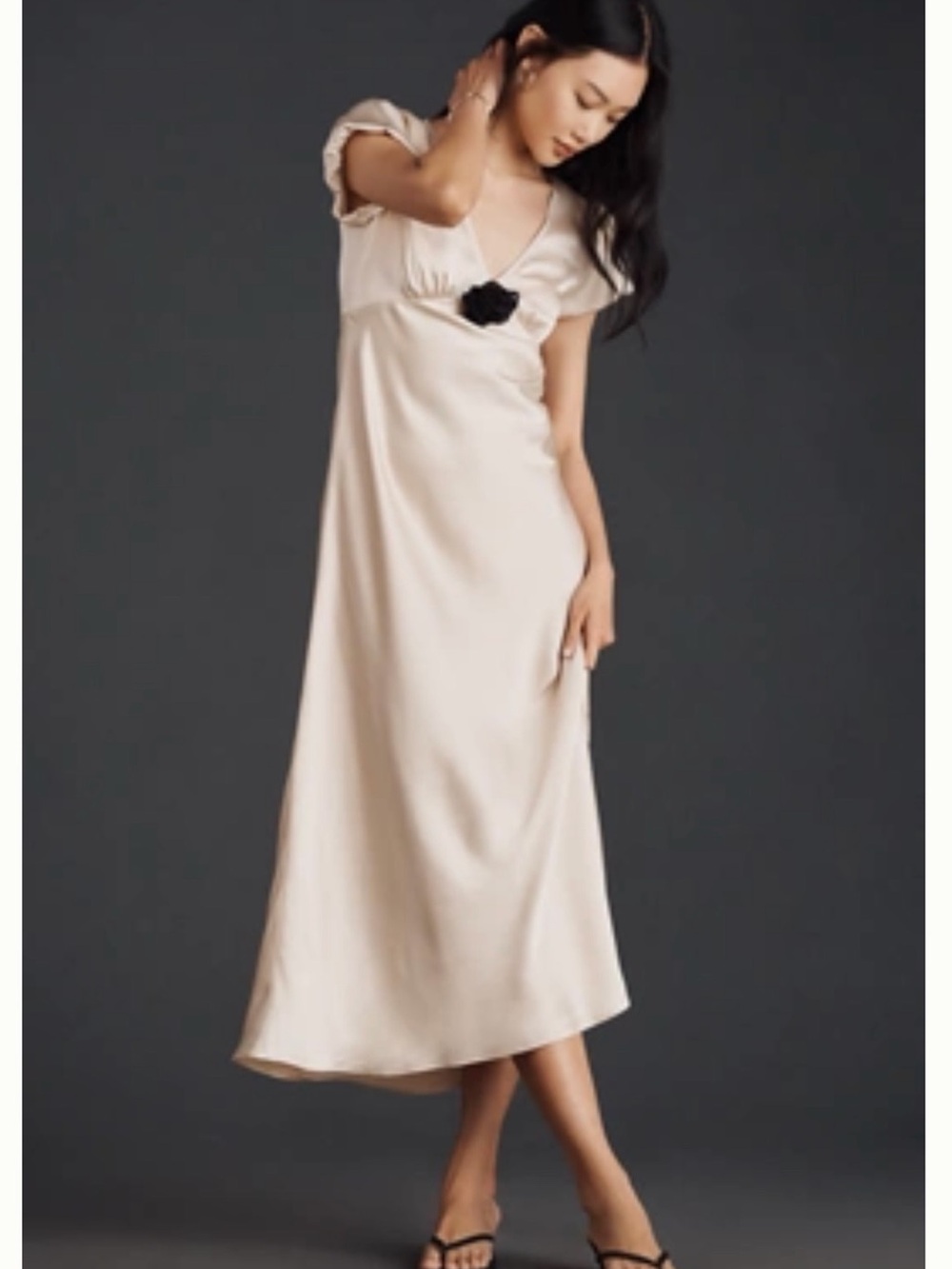 Anthropologie Plus Elodie Cream Satin V-Neck Chemise with Black Rosette